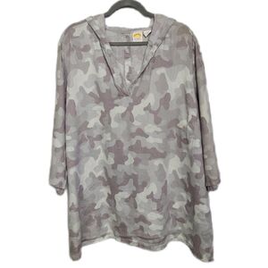 Plus Size Linen Tunic 2X Grey Camo Linen Hooded Faux Button Back Oversized Shirt